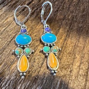 Boho Hippie Vintage Droplet Dangle Earrings, Multi-Color Stone, Gift Box